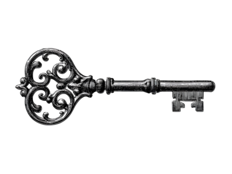  Minimal Line Art of Vintage Key with Ornamental Top and Jagged Bit Stylized Outline PNG
