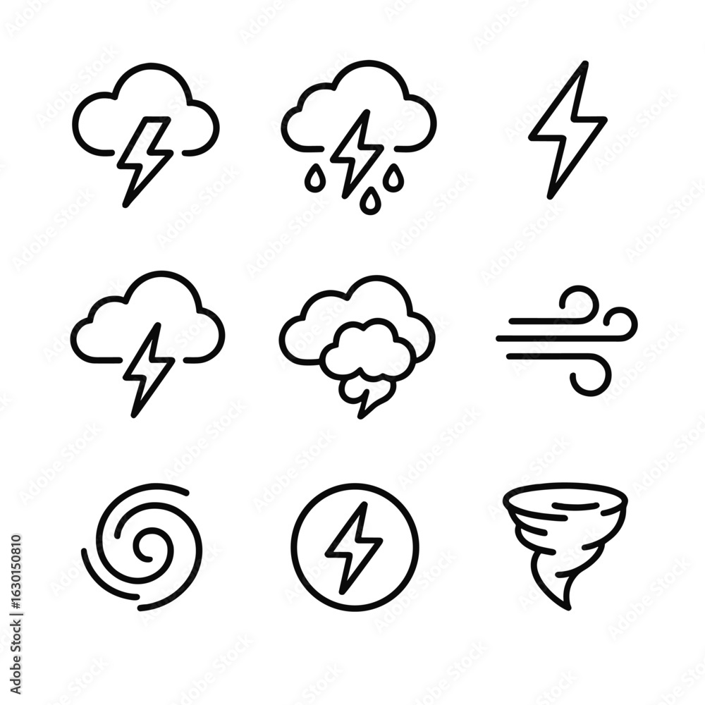 Poster weather icon set. outline icon set of lightning in weather: thunder, rainstorm, cloud with lightning
