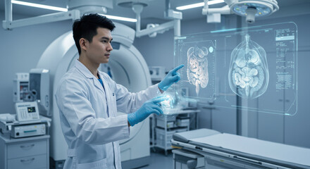 Doctor using technology to analyze human anatomy, featuring digital display of patient's organs in modern examination room.