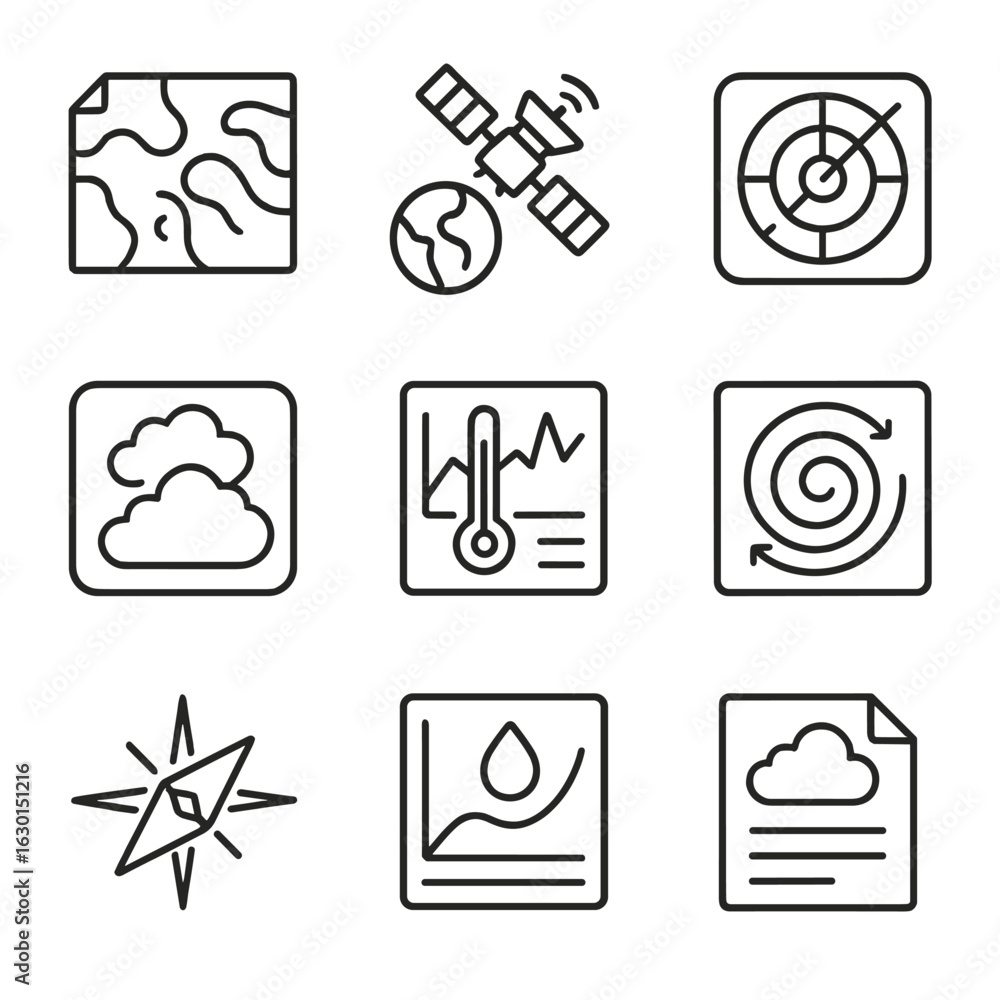 Poster weather icons grid. outline icon set of atmospheric data and weather forecasting: weather map, satel