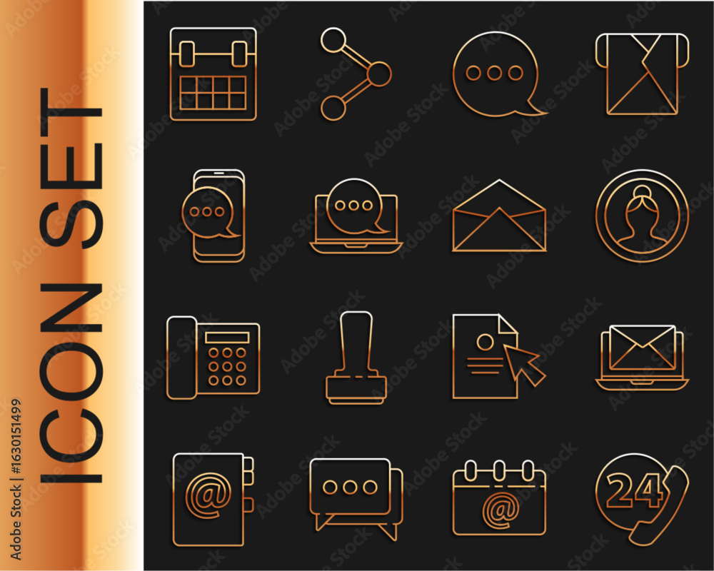 Poster set line telephone 24 hours support, laptop with envelope, create account screen, speech bubble chat