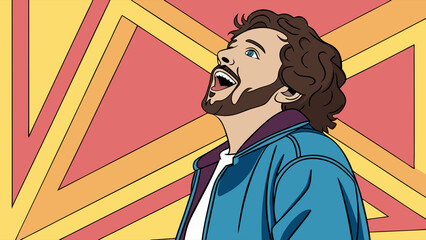 Joyful Man with Curly Hair and Blue Jacket Upward Gaze.