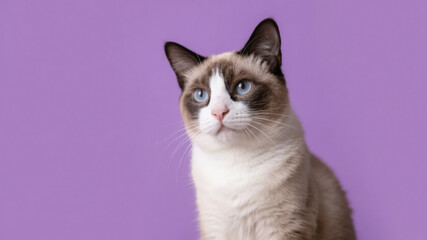 Fototapeta premium A Snowshoe Cat with Blue Eyes Against a Purple Background