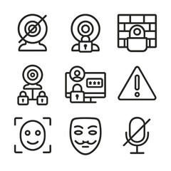 Webcam Security Icons. Outline icon set of webcam security and privacy: privacy shutter, lock icon, firewall, encrypted stream,