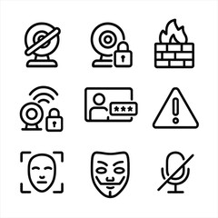 Fototapeta premium Webcam Security Icons. Outline icon set of webcam security and privacy: privacy shutter, lock icon, firewall, encrypted stream,