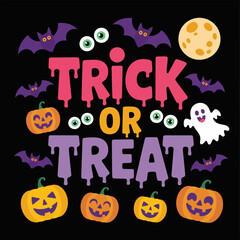 Trick or treat pumpkin and bat, halloween moon accent, spooky eyes illustration, festive party vector, creative art