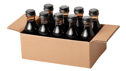 Cardboard box filled with small dark bottles