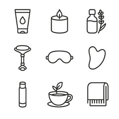 Wellness Icons Grid. Outline icon set of wellness essentials: hand cream, calming candle, lavender oil, face roller, sleeping mask