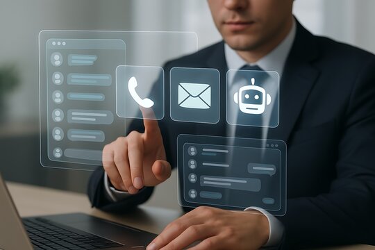 Businessman selects the call center function on a virtual dashboard that integrates voip telephony with automated email support and an ai powered chatbot assistant.