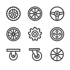 Obraz premium Wheel Icon Set. Outline icon set of wheel types: car wheel, bicycle wheel, steering wheel, wagon wheel, gear wheel, flywheel,