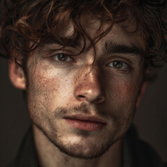 Obraz premium Front view portrait of a 25-year-old skinny Caucasian male model with medium-length messy hair, clean skin