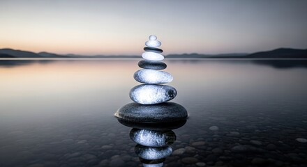 Obraz premium Stack of stones balancing in water with a blurred landscape background.