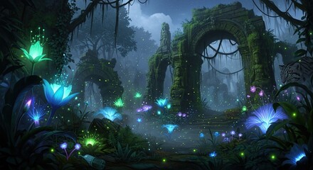 Fototapeta premium Lush forest scene with glowing lights and ancient stone archway.