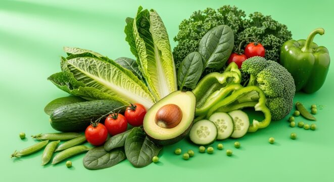 A vibrant display of fresh green vegetables, including avocado, peppers, cucumbers, and lettuce, arranged a green to promote healthy eating