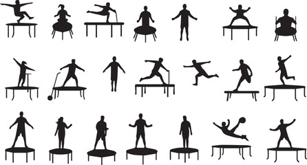 Silhouettes of People Performing Gymnastics and Acrobatics on Trampolines jumping bouncing