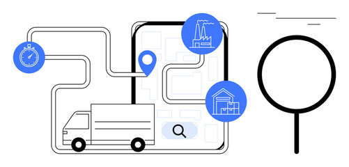Delivery truck navigating through GPS-mapped route with stopwatch, search magnifier, factories, and warehouses. Ideal for logistics, delivery, supply chain, tracking, efficiency technology