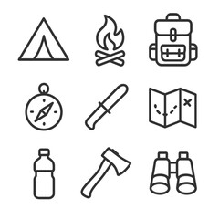 Wilderness Survival Icons. Outline icon set of wilderness survival: tent, campfire, backpack, compass, knife, map, water bottle,