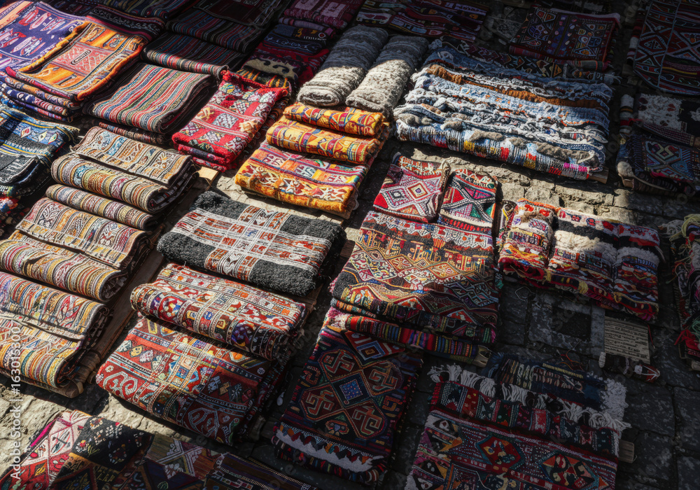 Aufkleber vibrant textiles are neatly arranged in a market, showcasing intricate patterns and rich colors, cre