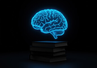 A glowing blue brain hologram hovers above a stack of black books, symbolizing knowledge and intelligence in a dark setting