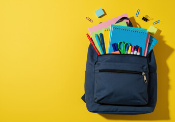 A navy backpack filled with colorful school supplies including notebooks, pens, and sticky notes against a bright yellow background