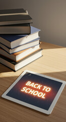 A tablet displays the words back to school, surrounded by stacked books, symbolizing education and preparation for a new academic year in a cozy study space
