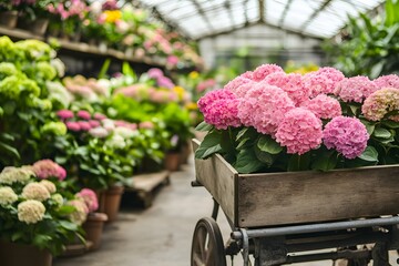 Pink hydrangeas in a wooden cart at a greenhouse nursery