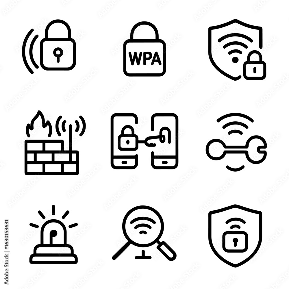 Poster wireless icon set. outline icon set of wireless security features: padlock over signal waves, wpa lo