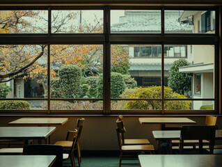 Obraz premium Autumnal garden view from a cafe's large window, tables and chairs ready