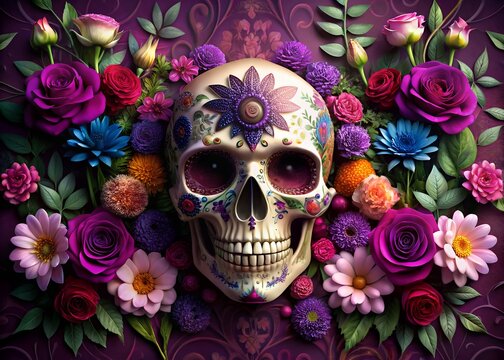 月乃カエル　Skull in the Flowers Skull With Flowers