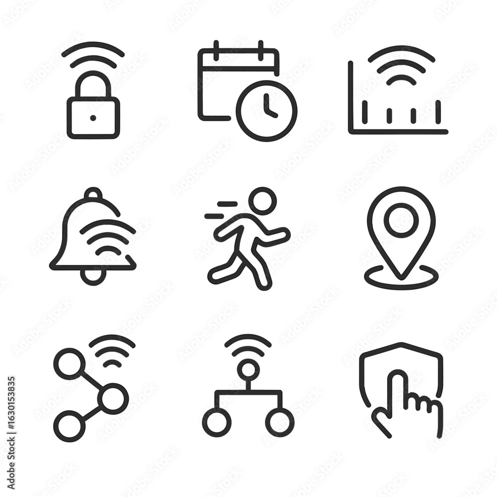 Poster wireless icon set. outline icon set of wireless security features: padlock over signal waves, wpa lo