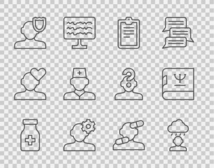 Set line Sedative pills, Depression and frustration, Psychological test, Solution problem in psychology, Psychology, Male doctor, and book icon. Vector