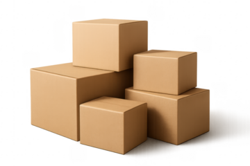 Stacked cardboard boxes creating a pyramid shape on transparent background