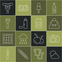 Set line Sun and cloud weather, Photo camera, Kitchen apron, Ice cream, Thermos container, Spatula, Sausage fork and Jam jar icon. Vector