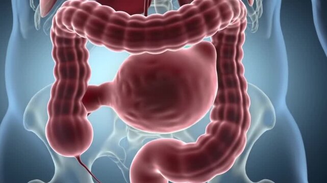 3D medical visualization of acute appendicitis showing dangerous inflammation. Anatomy, emergency, pain concept.