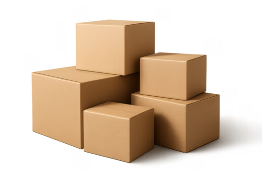 Stacked cardboard boxes creating a pyramid shape on transparent background