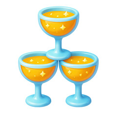 3D Three vibrant blue champagne glasses filled with golden sparkling drink, symbolizing celebration, joy, and togetherness on a festive occasion with a cheerful mood.