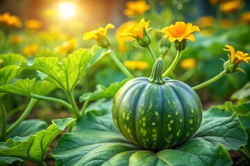 Vibrant Green Pumpkin Growing Amongst Lush Yellow Flowers in a Sunny Autumn Garden