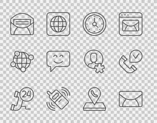 Set line Telephone 24 hours support, Mail and e-mail, Clock, Mobile, Smile face, Call center location and handset icon. Vector