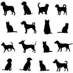 Set of black vector silhouettes of dogs and cats in various poses. Isolated domestic animal icons for pet shop or veterinary clinic design.