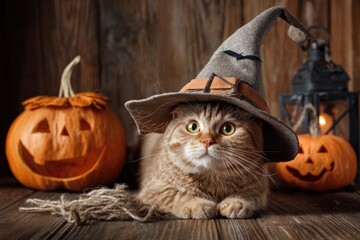 Adorable tabby cat wearing witch hat sits near pumpkins on a wooden surface.