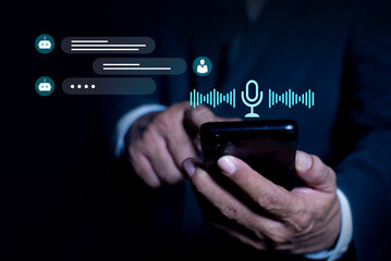 Customer using smartphone online service with digital AI chatbot interface. Artificial intelligence, virtual assistant technology, online business communication, Chatbot conversation concept.