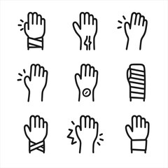 Obraz premium Wrist Injury Icons. Outline icon set of wrist injuries and conditions: sprain, fracture, carpal tunnel, swelling, bruise, cast,