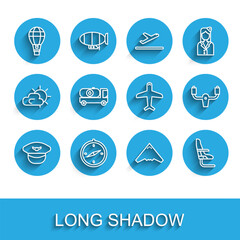 Set line Pilot hat, Compass, Hot air balloon, Jet fighter, Airplane seat, Fuel tanker truck, Aircraft steering helm and Plane icon. Vector