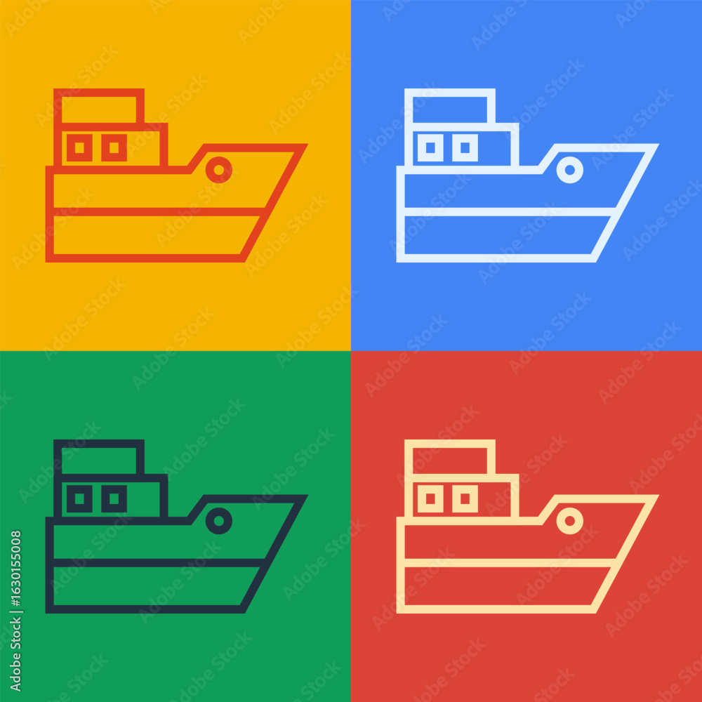 Poster pop art line ship line path of ship sea route with start point gps and black line icon isolated on c