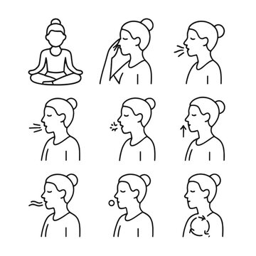 Yoga Breathing Icons. Outline icon set of yoga breathing techniques: pranayama, alternate nostril, ujjayi breath, kapalabhati,