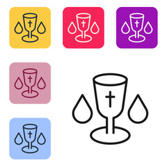 Black line Christian chalice icon isolated on white background. Christianity icon. Happy Easter. Set icons in color square buttons. Vector
