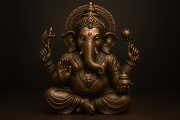 Bronze Ganesha Statue with Lotus and Axe on Dark Background