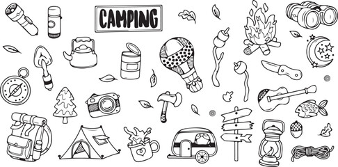 Camping Doodle Set – Hot Air Balloon, Tent, Fire, Backpack, Mountains, Camper Icons in Hand-Drawn Style