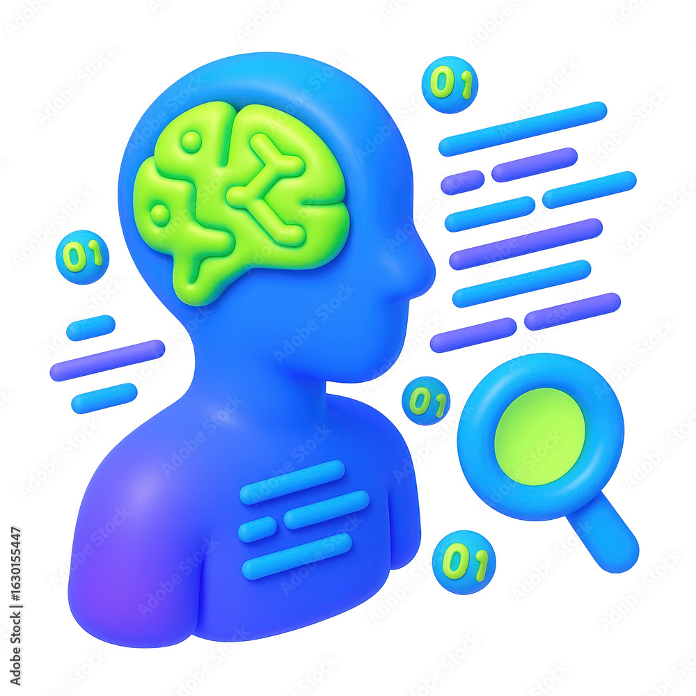 Poster 3d colorful stylized graphic depicting human head with brain and binary code representing artificial