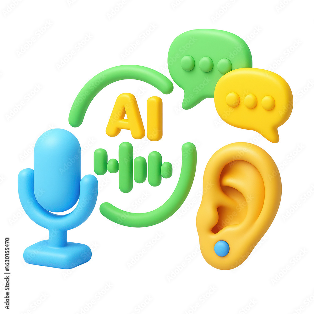 Poster 3d colorful microphone and ear icon representing artificial intelligence in audio technology with sp